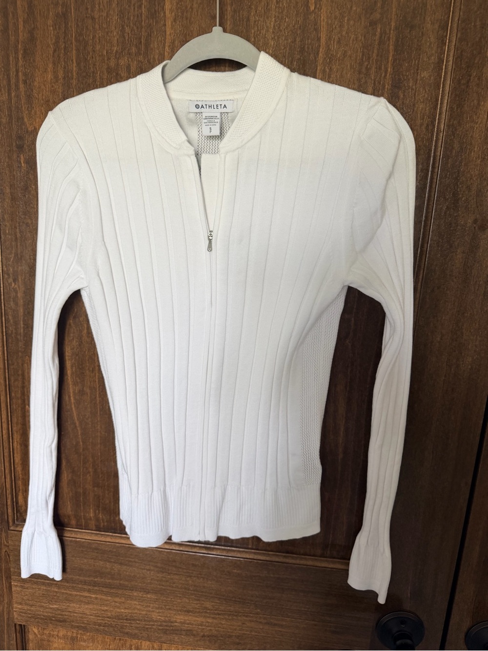 Athleta White Ribbed Half-Zip Crewneck Sweater